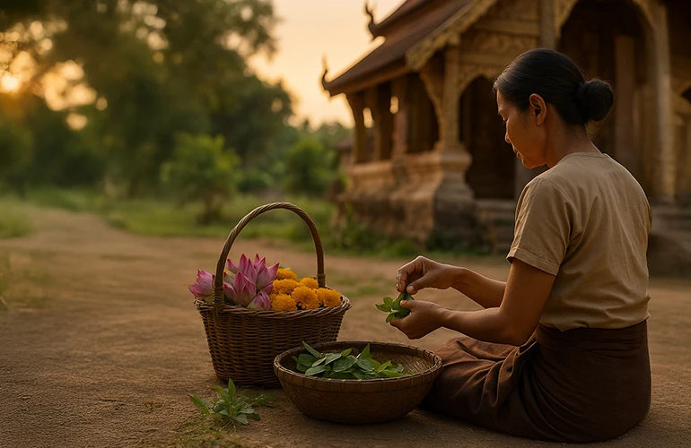 Mujer preparando hierbas tradicionales frente a un templo en Tailandia