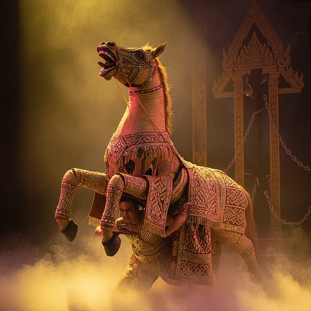 Fantasma tailandés montando un caballo espectral