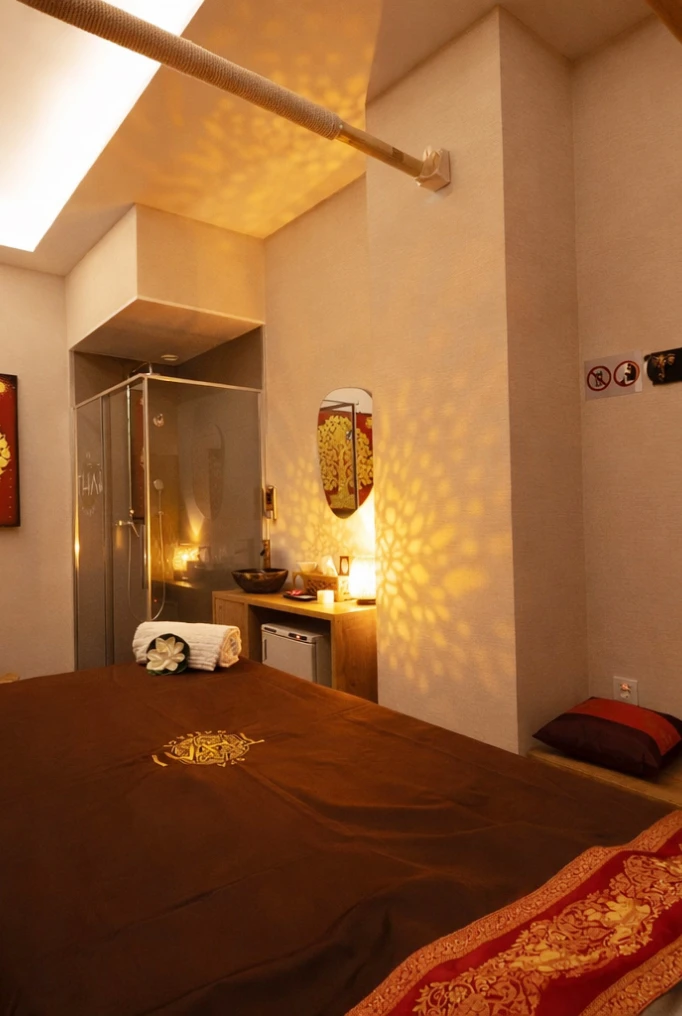 Sala de tratamiento con camilla preparada y ducha privada en centro de bienestar del Eixample