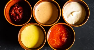 Diferentes salsas thai servidas en pequeños cuencos, mostrando su variedad de colores y texturas.